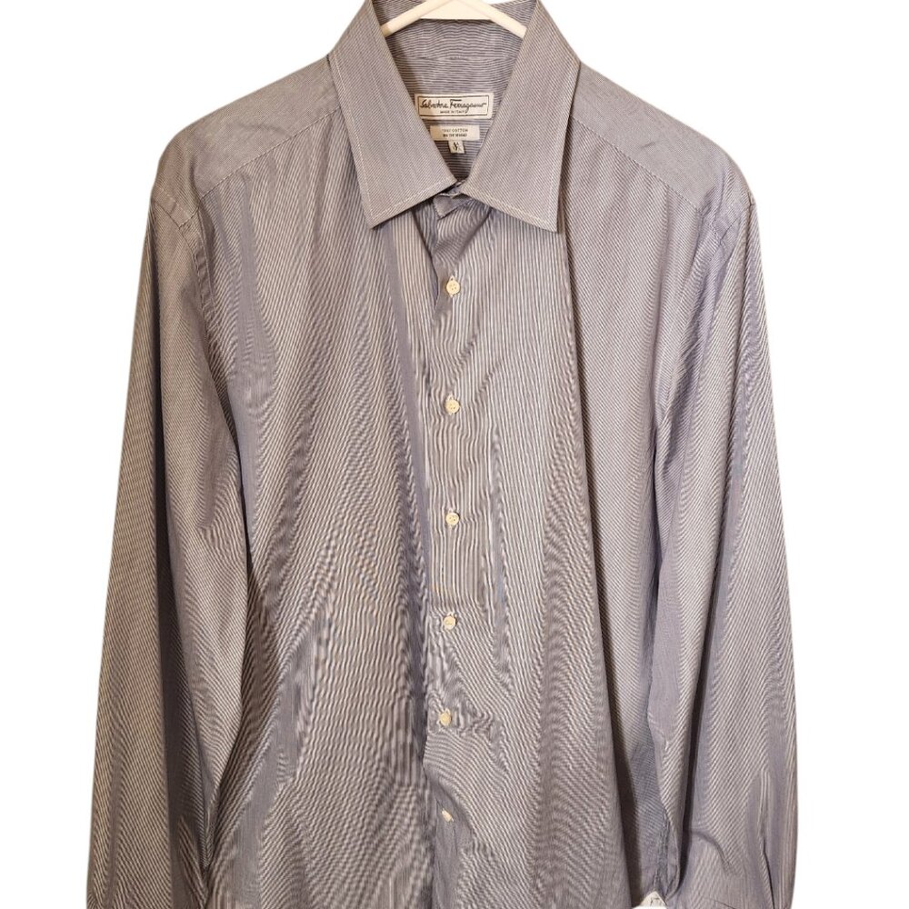 Salvatore Ferragamo Shirt Mens 17.5/44 Blue White Micro Striped Cotton Italy